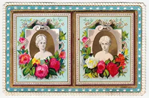 Busts Prints: Two portrait busts with flowers on a greetings card