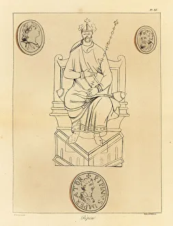 Bossange Prints: Portrait and coins of Pepin the Short (714-768), King of the Fra