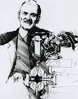 Workings Prints: Portrait of F Whittle & workings of jet engine
