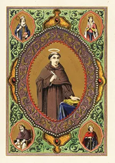 Foliage Prints: Portrait of Saint Thomas Aquinas, with halo, quill pen and Bible