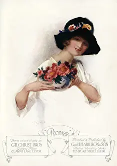 Peonies Prints: Portrait of a woman holding a bowl of peonies flowers