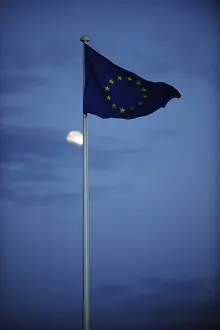 Rises Prints: PORTUGAL. Lisbon. An European flag flies as moon