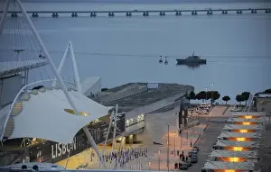 Vasco Prints: PORTUGAL. Lisbon. A frigate patrols the waters