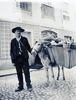 Portuguese fruit and vegetable vendor with donkey, Lisbon