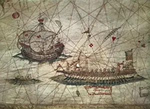 Galleys Prints: Portuguese galleys and caravels. Detail of a
