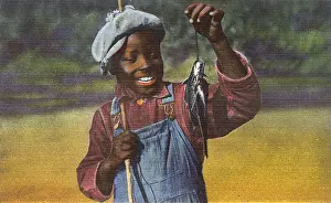 Grinning Prints: Postcard booklet, boy with fish, Dixieland, USA