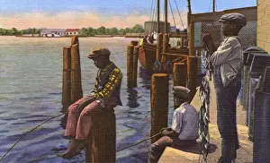 Dixieland Prints: Postcard booklet, three boys fishing, Dixieland, USA