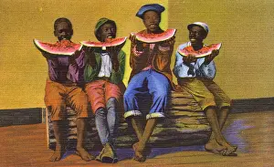 Trunk Prints: Postcard booklet, four boys with watermelons, USA