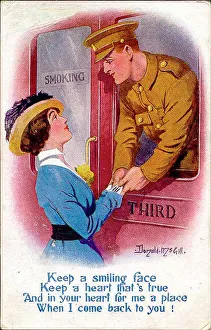 Goodbye Prints: Postcard, British soldier and girlfriend say goodbye. Date: 1914-1918