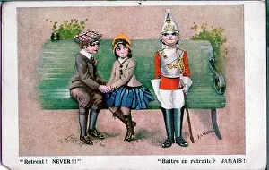 Courtship Prints: Postcard, Couple on bench with soldier standing alongside - Retreat! NEVER!! Date: 1914-1918