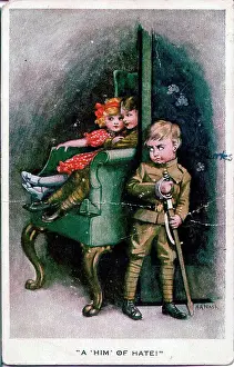 Armchair Prints: Postcard, Couple in chair with jealous soldier watching - A him of hate! Date: 1914-1918