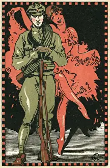 Czechoslovak Prints: Postcard, Czech soldier and dancer, WW1