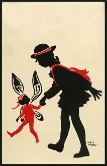 Chick Prints: Postcard design artwork - Schoolgirl led by hand by a sprite