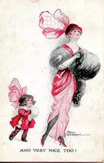 Spurgin Prints: Postcard, Elegant woman and little girl out for a walk - And very nice too! Date: early 20th century
