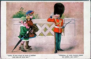 Postcard, Two girls and a soldier - Girls, if you want to love a soldier you can all love me! Date: 1914-1918