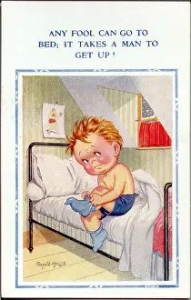 Snowing Prints: Postcard, Little boy getting out of bed in the morning Date: 20th century