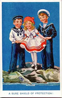 Postcard, Little girl with two sailor boys - A sure shield of protection! Date: 1914-1918