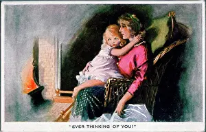 Thinking Prints: Postcard, Mother and daughter at home - Ever thinking of you! Date: 1914-1918