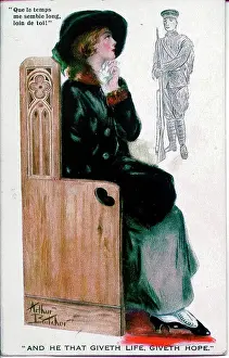 Morale Prints: Postcard, Pretty woman in church thinks of her absent soldier - And he that giveth life