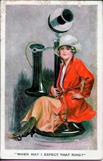 Suggestive Prints: Postcard, Pretty woman with a giant telephone - When may I expect that ring? Date: early 20th century