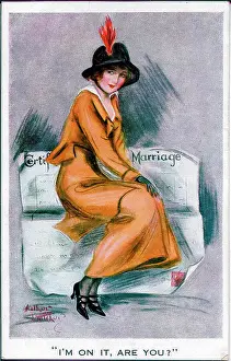 Inviting Prints: Postcard, Pretty woman with marriage certificate - I'm on it