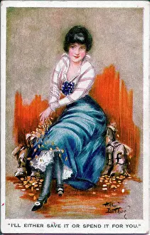 Cash Prints: Postcard, Pretty woman with moneybags and coins - I'll either save it or spend it for you