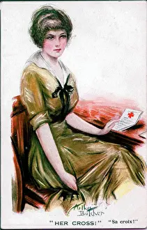 Postcard, Pretty woman with a Red Cross letter - Her Cross! Date: 1914-1918