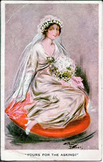 Inviting Prints: Postcard, Pretty woman in a wedding dress - Yours for the asking! Date: early 20th century