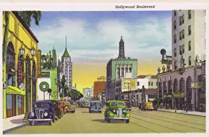 Hollywood Prints: Postcard showing Hollywood Boulevard, 1930s