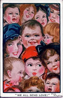 Postcard full of smiling faces, We all send love! Date: 1914-1918