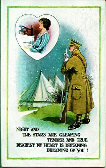 Dreaming Prints: Postcard, Soldier away at the Front dreams of his wife at home. Date: 1914-1918