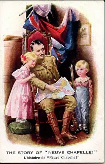 Chapelle Prints: Postcard, Soldier with two children - The story of Neuve Chapelle (a battle which took place from 10 to 13 March 1915)