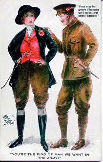 Postcard, Soldier and pretty woman - You're the kind of man we want in the army! Date: 1914-1918