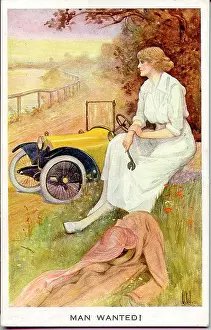 Postcard, Woman with broken down car - Man wanted! Date: early 20th century