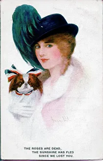 Lonely Prints: Postcard, Woman and dog feeling lonely - The roses are dead