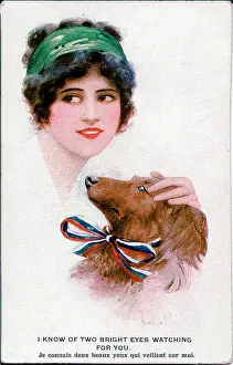 Lonely Prints: Postcard, Woman and dog - I know of two bright eyes watching for you. Date: 1914-1918