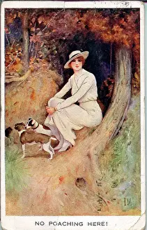 Poaching Prints: Postcard, Woman with two dogs sitting by a tree - No poaching here! Date: early 20th century