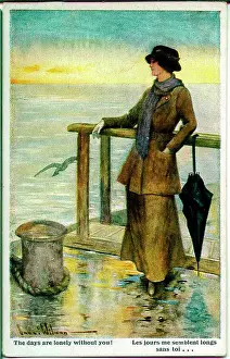 Postcard, Woman gazing out to sea - The days are lonely without you! Date: 1914-1918