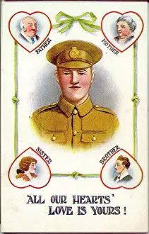 Sentimental Prints: Postcard, Young man in army uniform - All our hearts love is yours! Date: 1914-1918