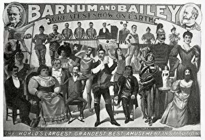 Oddities Gallery: Poster advertising Barnum and Baileys amusements, with curious people