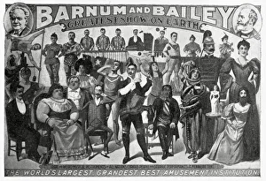 Amusements Gallery: Poster advertising Barnum and Baileys amusements, with curious people