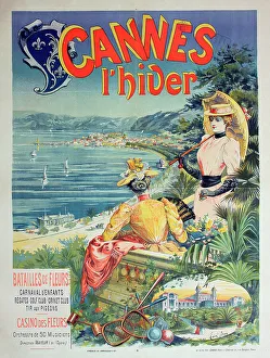 Poster advertisement for Cannes, South of France, for winter holidays, with flowers, a children's carnival, concerts, golf, cricket, and pigeon shooting. Date: 1892