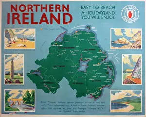 Poster, Northern Ireland, Ulster Transport tourist map, with six vignettes of places to visit - easy to reach, a holidayland you will enjoy. Date: circa 1950