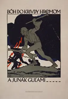 Poster showing an older man with axe and rifle joining a bat