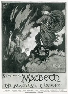 Poster for Sir Herbert Tree's production of Macbeth at His Majesty's Theatre designed by Edmund Dulac. Poster shows a dramatic scene of Macbath meeting the three witches. Date: 1911
