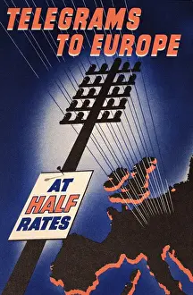 Telegrams Prints: Poster, Telegrams to Europe at Half Rates