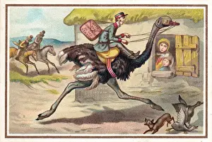 Deliver Prints: Postman riding on an ostrich on a Christmas card