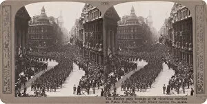 Postwar celebration with marching troops, City of London