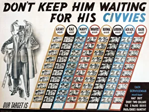 Images Dated 22nd December 2017: Postwar poster, Don t keep him waiting for his civvies