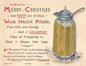 Pot of mustard with comic verse on a Christmas card